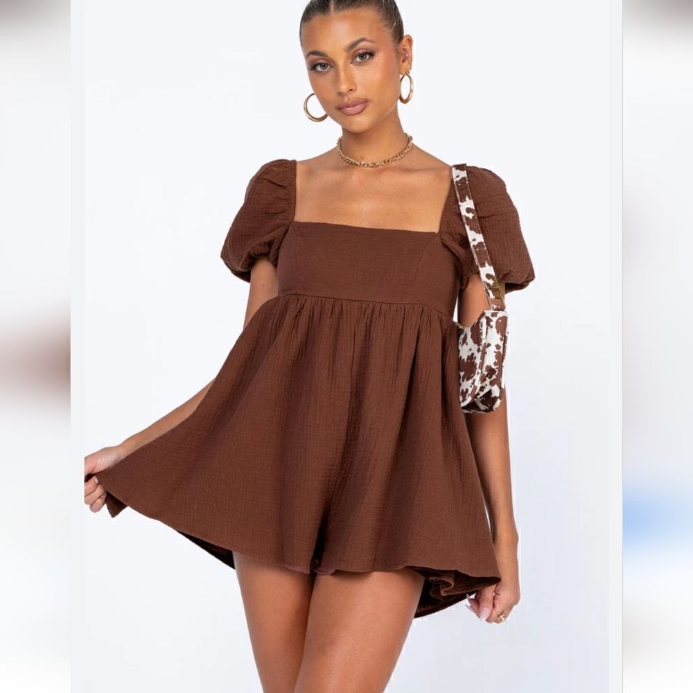 Princess Polly Lorna Gauze Romper Brown Size 2 - Picture 14 of 14